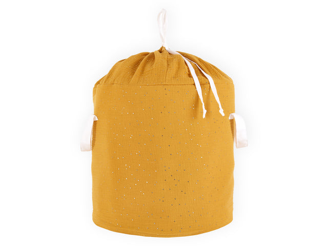 Toy basket muslin gold dots on yellow
