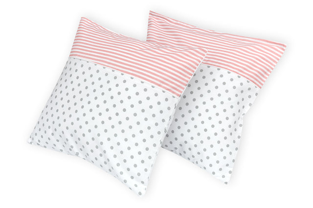 Housse de coussin pois gris sur rayures blanches rose