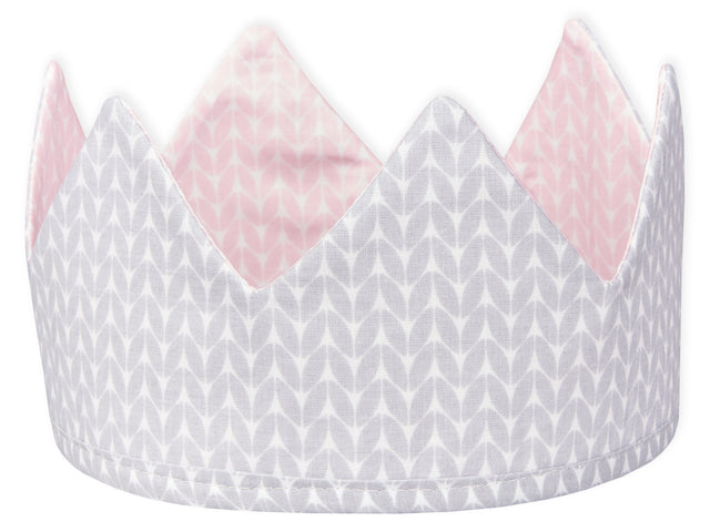 Cloth crown small leaves pink on white white dots on gray