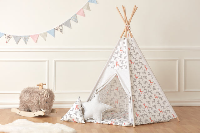 Play tent teepee small fawns gray orange on white