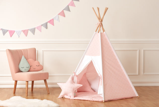 Tente de jeu tipi blanc uni demi-cercles blancs sur rose pastel