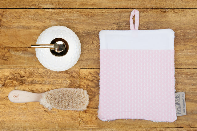 Gant de toilette petites feuilles rose sur blanc