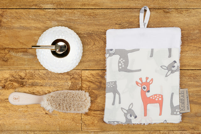 Washcloth small fawns gray orange on white