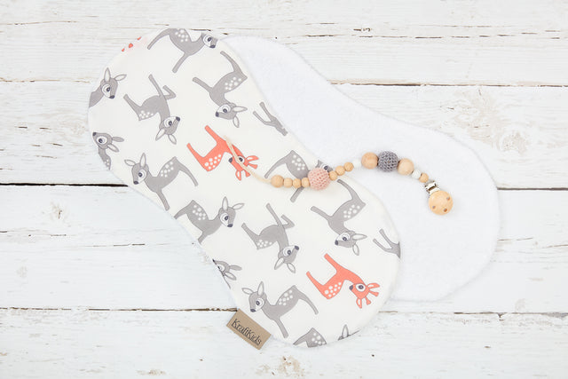 Burp cloth small fawns gray orange on white