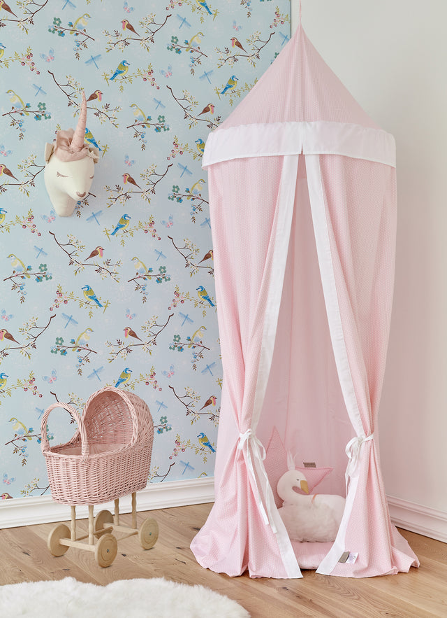 Hanging tent Uniweiss small leaves pink on white