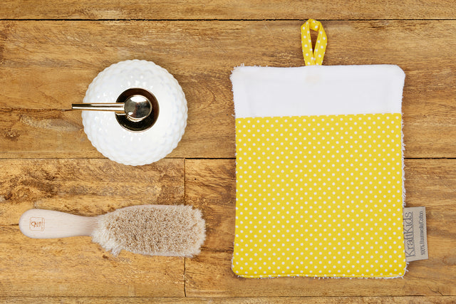 Washcloth white dots on yellow
