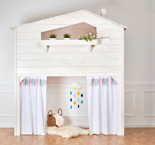 Bunk bed curtains small leaves light gray on white small leaves pink on white