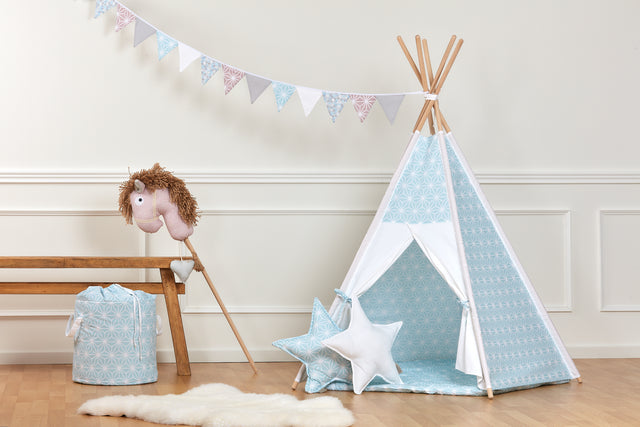 Play tent teepee white diamonds on pastel blue
