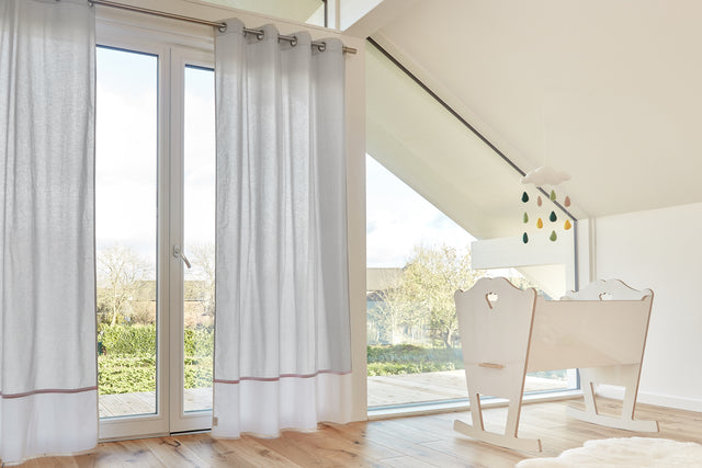 Curtains plain white checked grey