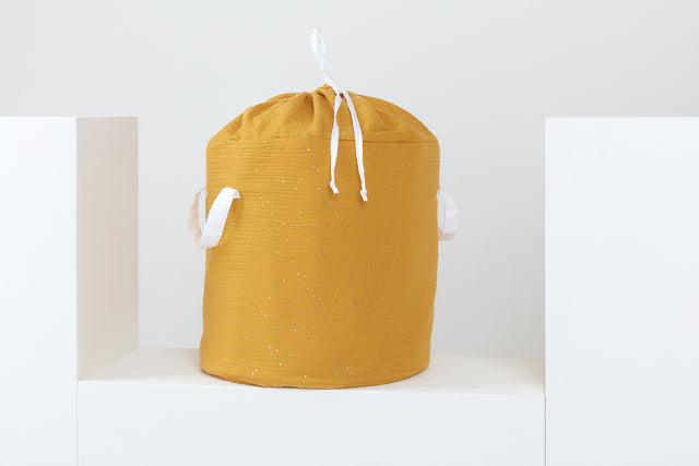 Toy basket muslin gold dots on yellow