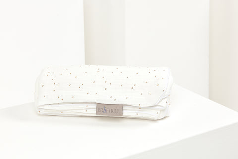 Couverture bébé mousseline pois dorés sur blanc