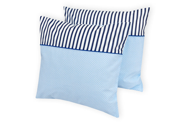 Funda de almohada lunares blancos sobre rayas azul claro azul oscuro