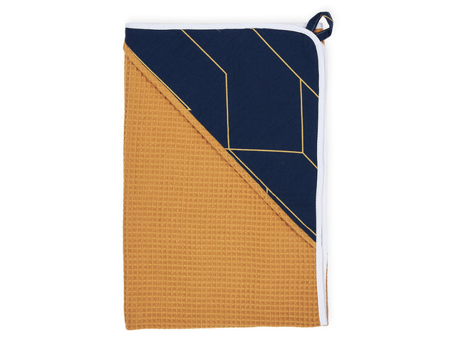 Hooded towel gold lines on dark blue waffle piqué mustard