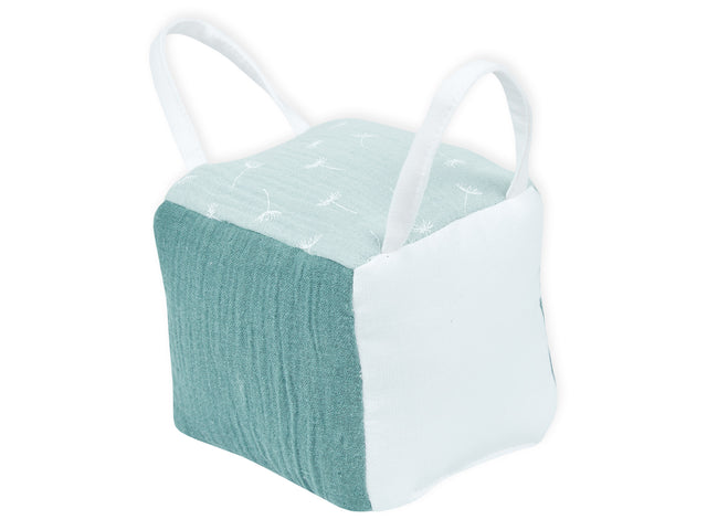 Motor skills cube made of Nile blue muslin fabric