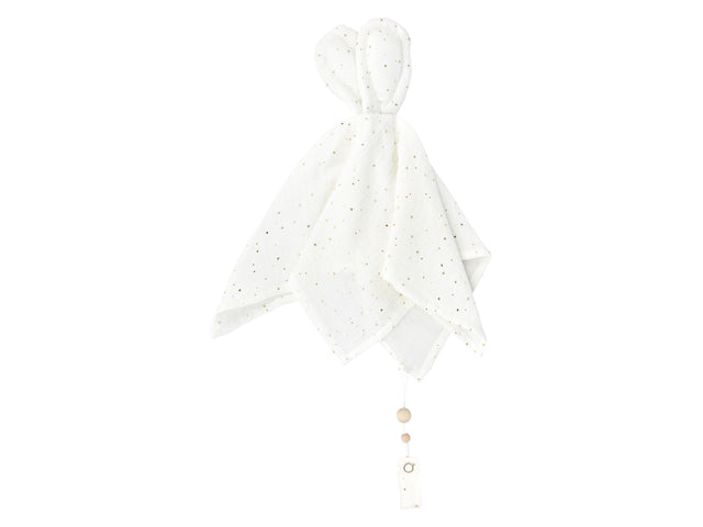 Doudou mousseline pois dorés sur blanc
