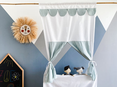 Puppet theater Punch and Judy show muslin golden dots on green including telescopic rod