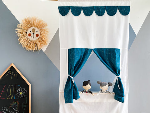 Puppet theater Punch and Judy show muslin golden dots on petrol including telescopic rod