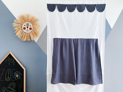 Puppet theater Punch and Judy show muslin golden dots on gray including telescopic rod