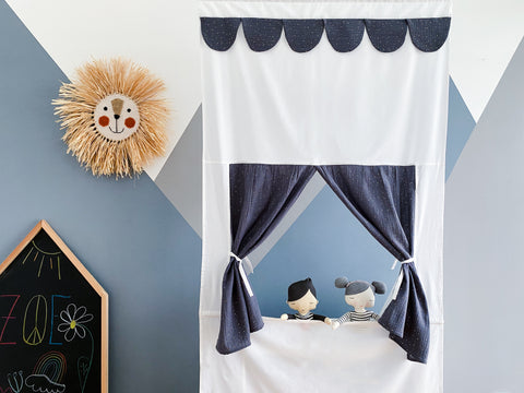 Puppet theater Punch and Judy show muslin golden dots on gray including telescopic rod