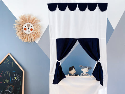 Puppet theater Punch and Judy show muslin dark blue including telescopic rod