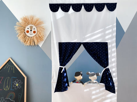 Puppet theater Punch and Judy show muslin dark blue anchor including telescopic rod