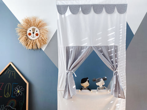 Puppet theater Punch and Judy show muslin gray dandelions including telescopic rod