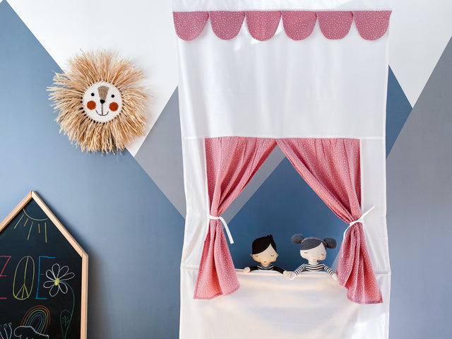 Puppentheater Kasperletheater Musselin rosa Punkte inkl. Teleskopstange