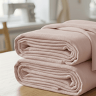 Zwei ordentlich gefaltete, hellrosa KraftKids Wandpaneel abgerundete Doppelkrepp-Handtücher liegen in sanftem Licht auf einer hölzernen Fläche, wobei ein verschwommener Hintergrund die stilvolle Wandgestaltung unterstreicht.