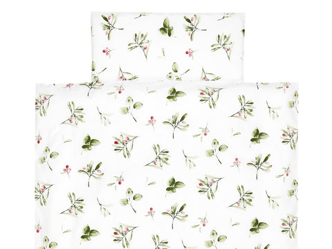 Muslin bedding set branches green red on white
