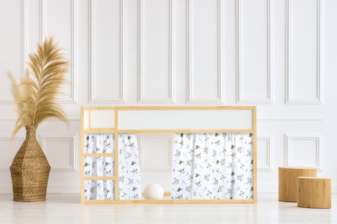 Loft Bed Curtains Set 2+1 Muslin Branches Green Red on White, Suitable for Kura Bed