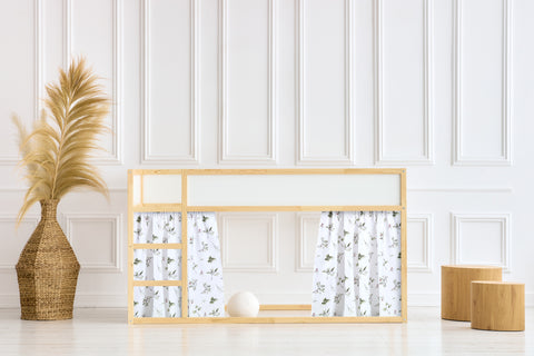 Loft Bed Curtains Set 2+1 Muslin Branches Green Red on White, Suitable for Kura Bed