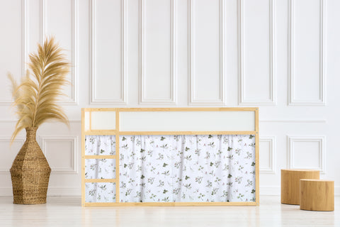 Loft Bed Curtains Set 2+1 Muslin Branches Green Red on White, Suitable for Kura Bed