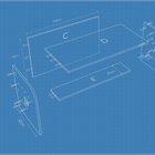 Blaupause für den Kinderschreibtisch weiß mit Zwischenboden von KraftKids, mit beschrifteten Holzteilen (A-E), Schrauben, Dübeln, Maßen und Mengenangaben; die Kontaktdaten von KraftKids finden Sie in der rechten unteren Ecke.