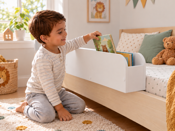 KraftKids Bettschutzgitter mit Bücherfach in Weiß am Kinderbett im Kinderzimmer