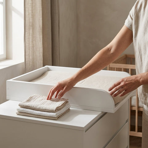 Eine Person legt gefaltete beigefarbene Tücher auf einen KraftKids Wickelaufsatz universal mit durchgehendem Boden (Wickelfläche 50 x 70 cm) und schafft so eine geordnete, gemütliche Kinderzimmer-Atmosphäre rund um diesen sanft beleuchteten Wickelbereich.