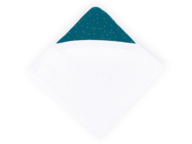 Hooded towel muslin gold dots on teal