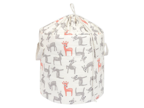 Toy basket of small fawns gray orange on white