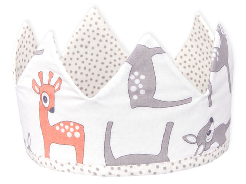 Fabric crown small fawns gray orange on white gray irregular dots on white