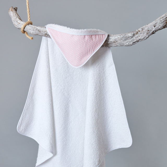 Hooded towel small leaves pink on white