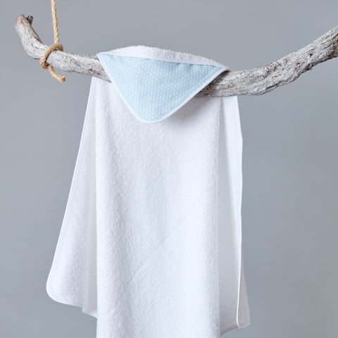 Hooded towel small leaves light blue on white