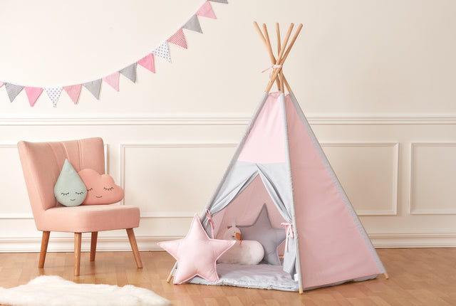 Play tent teepee small leaves pink on white