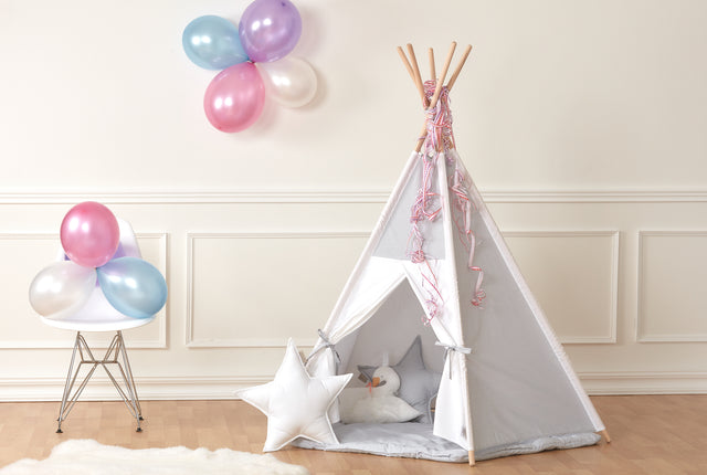 Play tent teepee small leaves light gray on white
