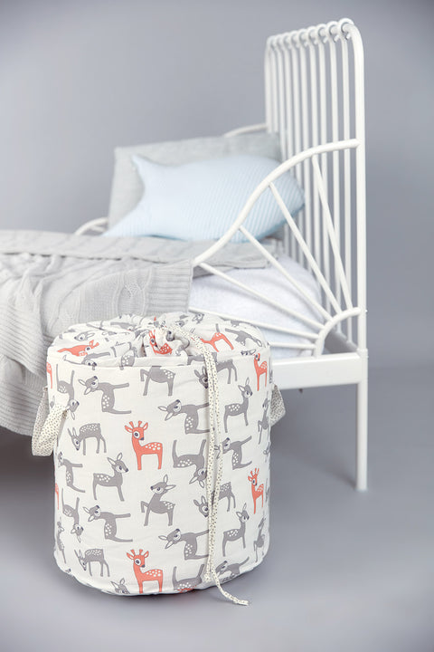 Toy basket of small fawns gray orange on white