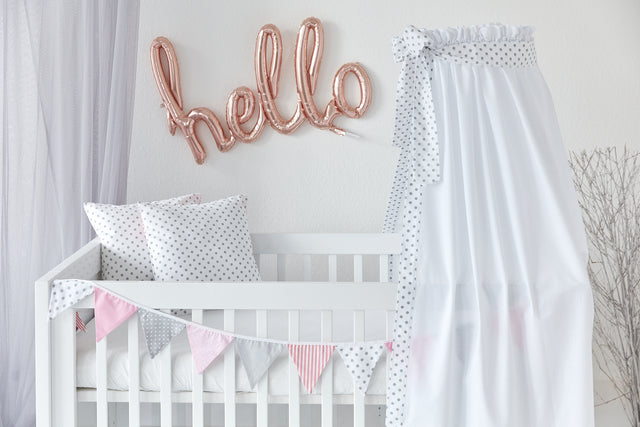 Bed canopy gray dots on white