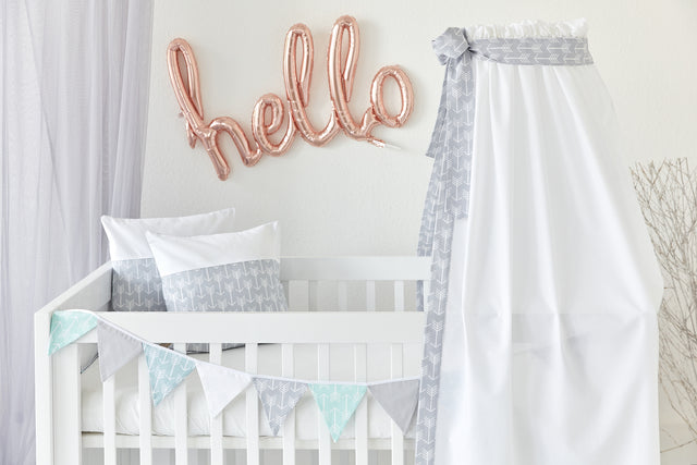 Bed canopy white arrows on grey