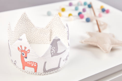 Fabric crown small fawns gray orange on white gray irregular dots on white