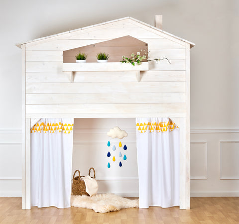 Loftsengsgardiner almindelige hvide gule trekanter