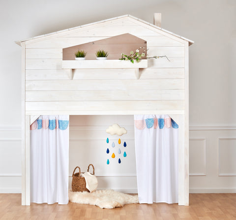 Loft bed curtains white semi-circles on pastel blue white semi-circles on pastel pink