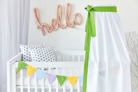 Bed canopy white dots on green