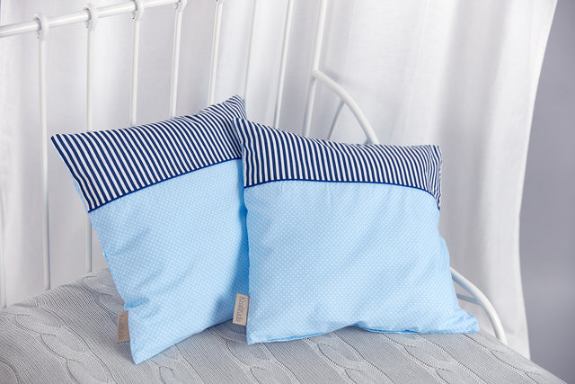 Cushion cover white dots on light blue stripes dark blue